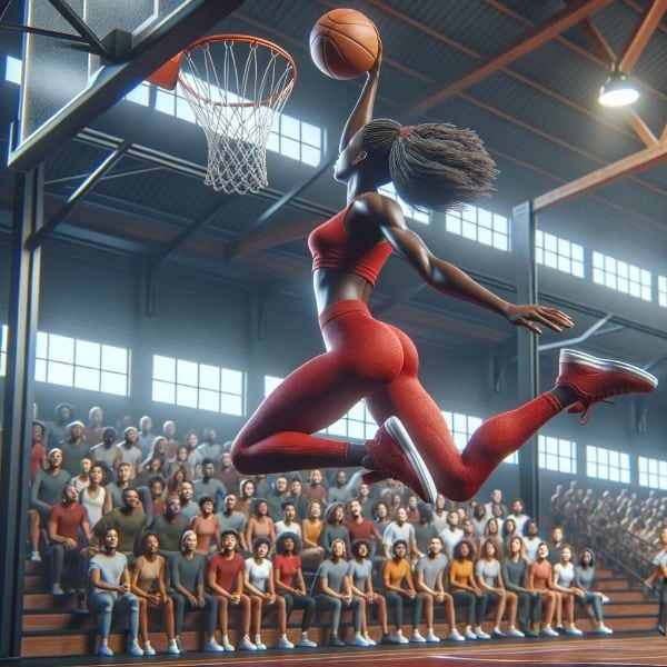 DALLE 2023 10 30 13.12.16 Photorealistic image of an African woman in red leggings playing basketball in an indoor gym. She is jumping high attempting to make a slam dunk wit