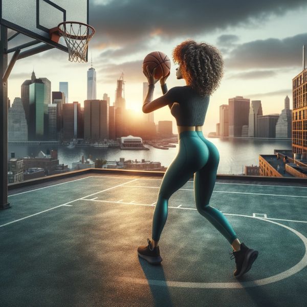 DALLE 2023 10 30 13.46.49 Photorealistic image of a woman with curly hair wearing teal leggings practicing her basketball shots on a rooftop court with a breathtaking citysca