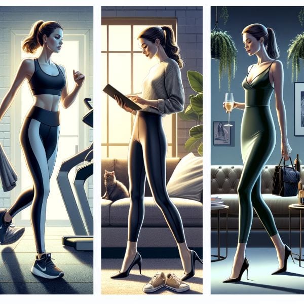 DALLE 2023 12 01 23.38.20 A realistic portrayal of different styles of leggings in various settings. The first scene shows a woman in sporty leggings at a gym the second scene